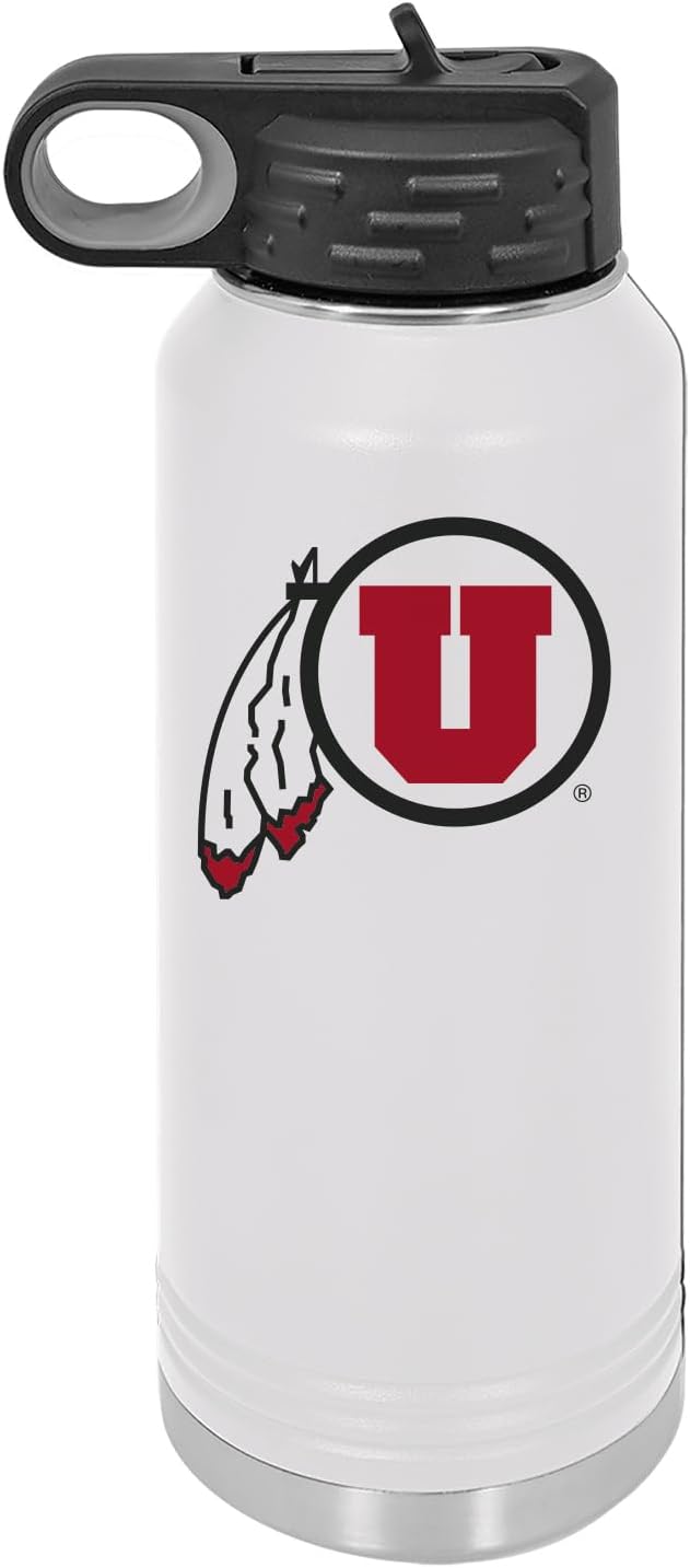 University of Utah 32oz Stainless Steel Double Walled White Beverage Bottle with Flip Straw Spout - College Gear for Playoff Season – For Office, Home or Auto – Show your Utes Pride