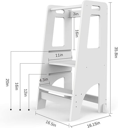 Toddler Tower, Wooden Toddler Kitchen Stool Helper, Height Adjustable Kids Kitchen Step Stool Learning Tower for Bathroom and Bedroom Counter Working, Natural Bamboo (White)