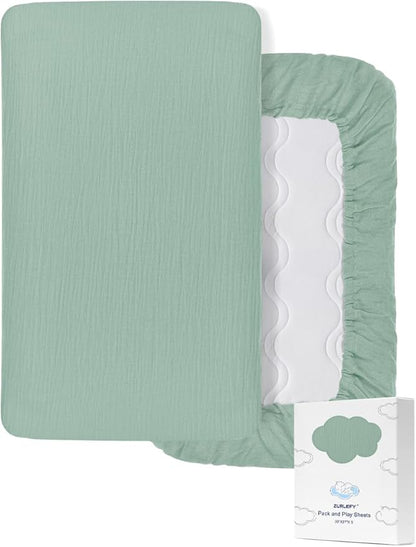 100% Cotton Pack and Play Mattress Sheets 39"x27", Light Green Neutral Portable Mini Crib Sheets or Playpen Mattresses Cover for Baby Boys and Girls (46P-07)