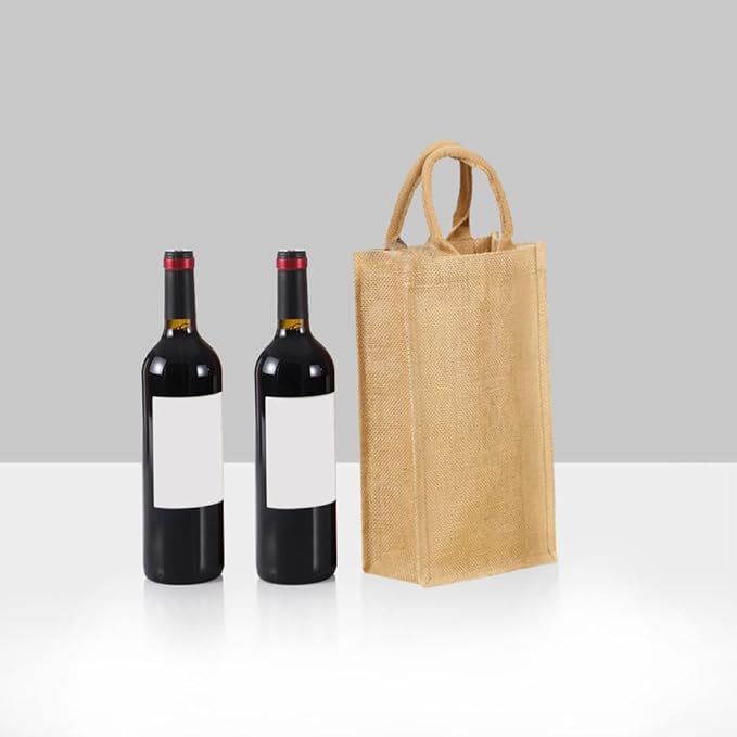 1Pack Jute Burlap 2 Bottle Wine Gift Tote Bags with Soft Cotton Handles Reusable for Wedding, Parties,Birthdays