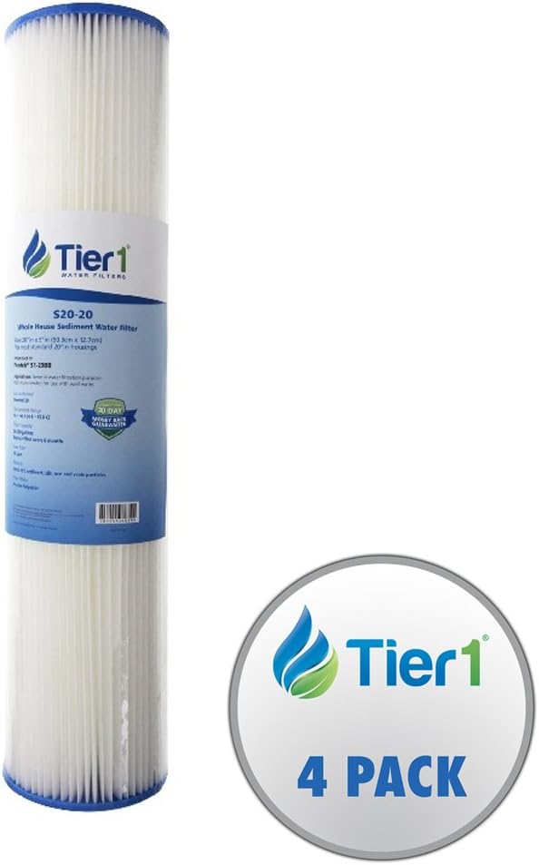 Tier1 20 Micron 20 Inch x 4.5 Inch | 4-Pack Pleated Cellulose Whole House Sediment Water Filter Replacement Cartridge | Compatible with Pentek S1-20BB, 155305-43, W20CLHD20, Home Water Filter