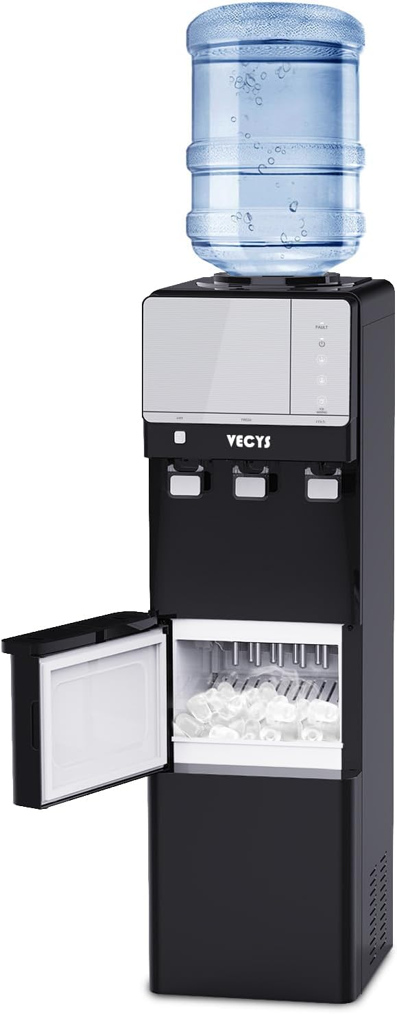 VECYS 3 in 1 Water Dispenser with Ice Maker, 27LBS Daily Ice Making and Hot Cold Water Supply, Child Safety Lock and Compatible with 3 or 5 Gallon Bottles, Ideal for Home and Office