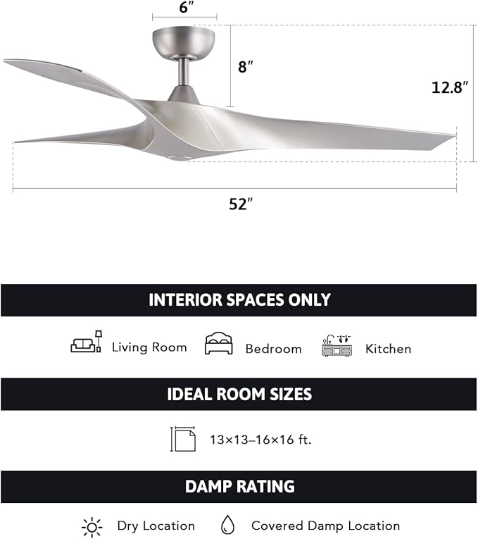 VONLUCE 52" Industrial Ceiling Fan No Light with Remote Control, Modern Ceiling Fan with 3 Blades Noiseless 6-Speed Reversible DC Motor, Ceiling Fan for Kitchen Bedroom Living Room, Nickel