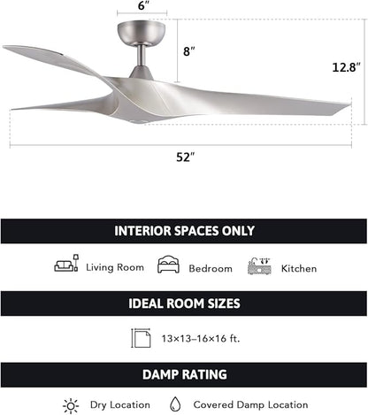 VONLUCE 52" Industrial Ceiling Fan No Light with Remote Control, Modern Ceiling Fan with 3 Blades Noiseless 6-Speed Reversible DC Motor, Ceiling Fan for Kitchen Bedroom Living Room, Nickel