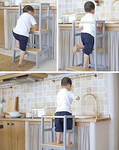 Wooden Step Stool for Kids, Premium Toddler Stool Kids Step Stool with Handle and Safety Rail, Perfect for Kitchen, Bathroom and Bedroom