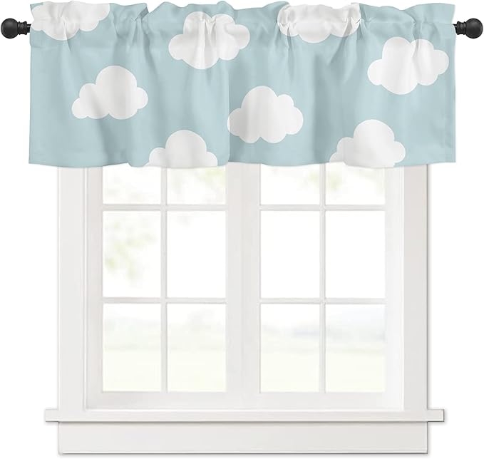 Valance Curtains for Kitchen Window, Blue White Cloud Cartoon Kids Rod Pocket Valances Window Treatments Short Curtains for Bedroom/Living Room,54" X 18" -1 Panel,