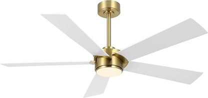 54" Ceiling Fan with Light and Remote Control, Modern Dimmable LED Light, 6-Speed Noiseless Reversible DC Motor, 5 Plywood Ceiling Fan for Kitchen Bedroom Living Room White/Gold