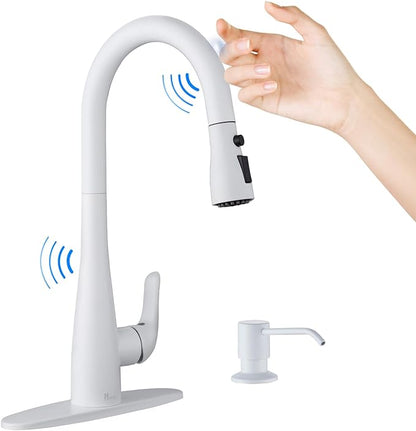 Touch on Kitchen Faucet with Soap Dispenser and Pull Down Sprayer - Single Handle Kitchen Sink Faucet, 1 or 3 Hole Design for Modern Farmhouse Kitchens, Rv, and Bar Sinks (White)