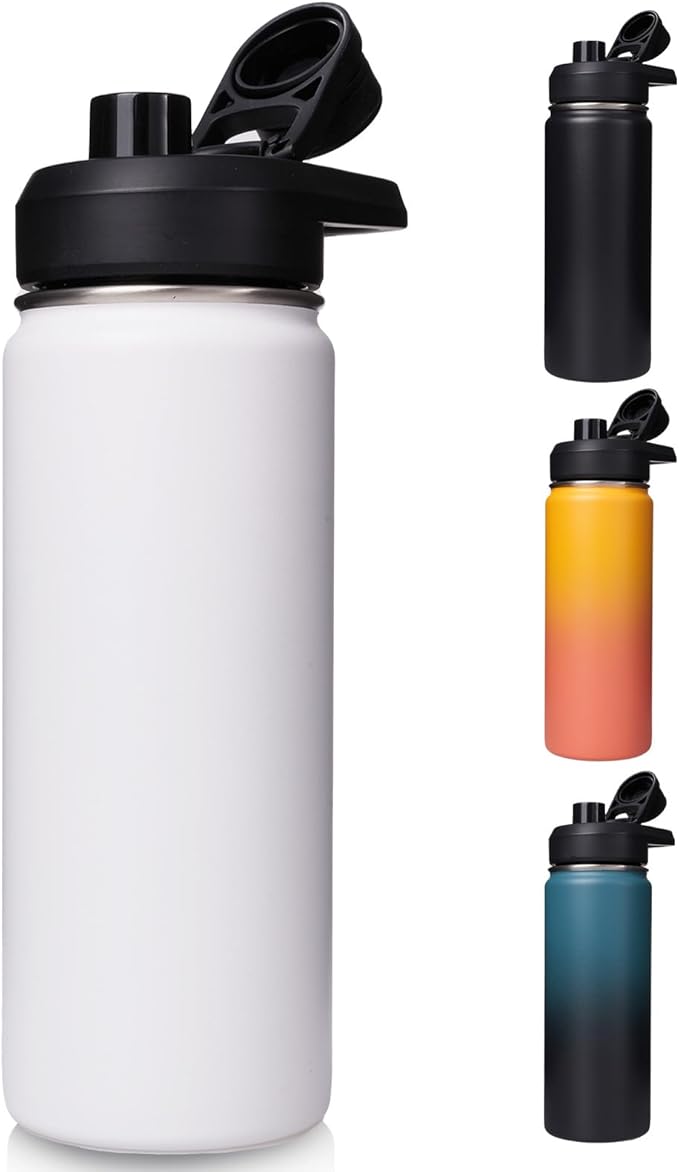 18oz Insulated Water Bottle with Handle, Stainless Steel Water Bottles with Wide Mouth, Double Wall Vacuum Sports Water Bottle, BPA Free, Keep Cold and Hot, White