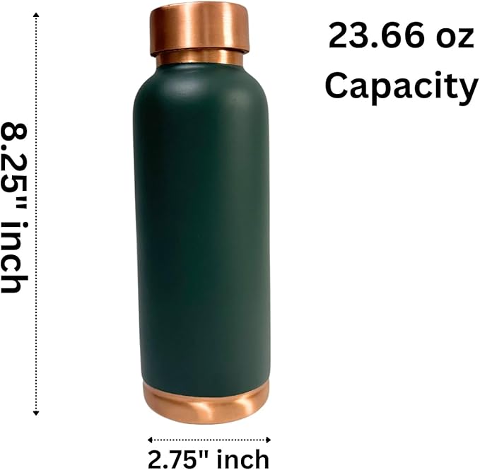 Perilla Home Plain Copper Water Bottle 23.66 OZ Leak Proof 100% Pure Ayurvedic Copper Vessel with Lid - Drink More Water and Enjoy Health Benefits Yoga/Gym Bottle (Green)