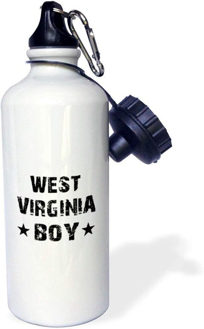 3dRose "West Virginia Boy-home state pride-USA United States of America-black and white text and stars" Sports Water Bottle, 21 oz, White