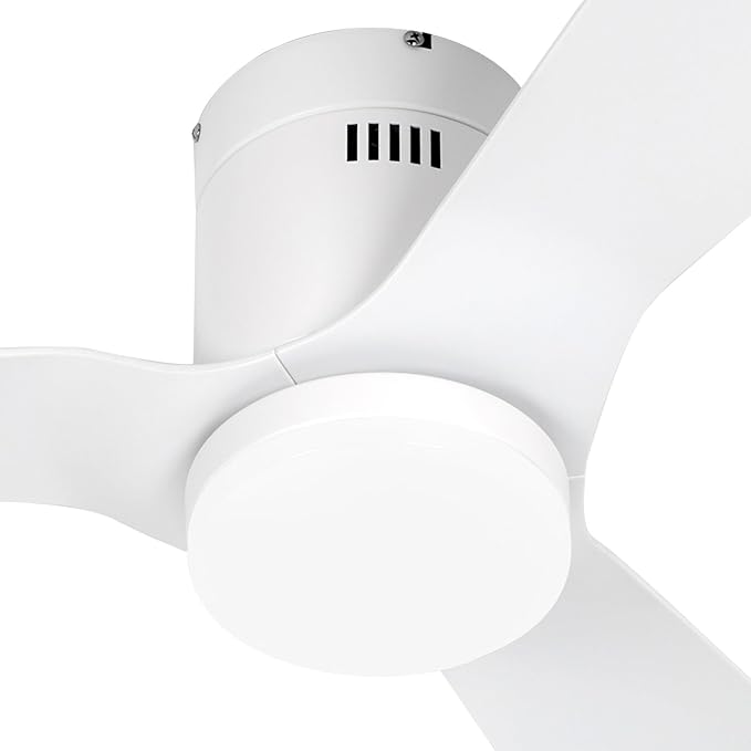 52 inch Flush Mount Ceiling Fan White,with Remote,22W Dimmable LED Light,DC Motor,6 Speed,Reversible,Low Profile Ceiling Fan Outdoor Indoor with Memory Function for Bedroom/Patios/Kitchen