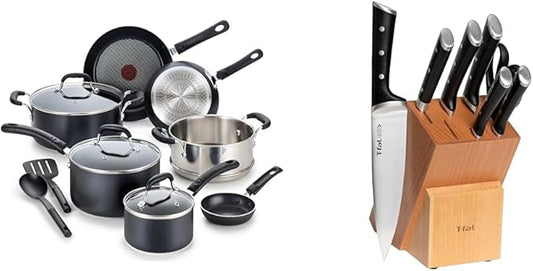 T-fal 20 Piece Set of Experience Nonstick Cookware Set With Ice Force German Stainless Steel Kitchen Knife Set and Wood Block