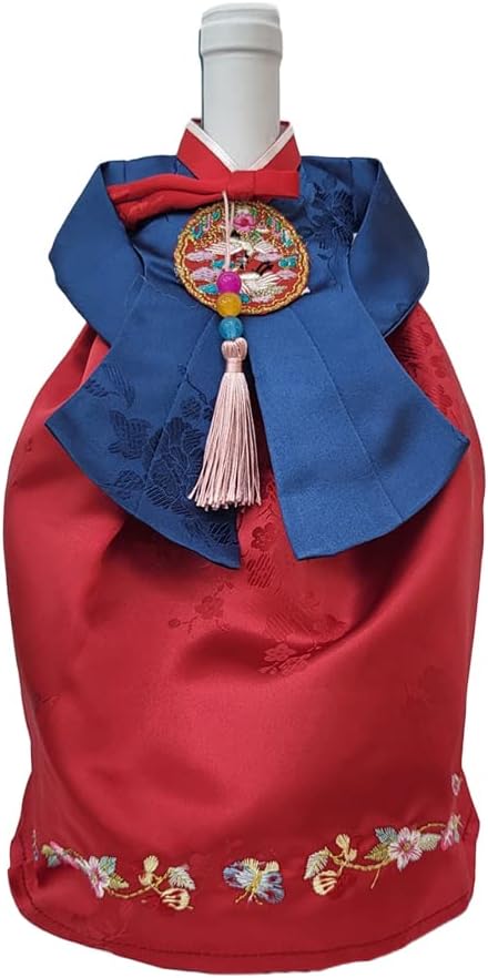 [JYHOME] Korean Traditional Clothes HANBOK Wine Bottle Cover Housewarming Gifts,First New Home House Homeowner Gifts (Silk-Red)