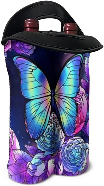 doginthehole Butterfly Rose Wine Bag Insulated Sleeve Portable Neoprene Wine Tote Holders Hippie Wine Carrier Bag for Wine/Beer/Cans/Water Protector for Home Travel and Picnic