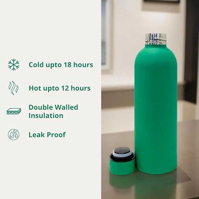 17 oz Matte Finish Stainless Steel Water Bottle | Vacuum Insulated Travel Bottle | Hot & Cold Water Bottle | Smooth Rubber Finish Water Bottle (Green)