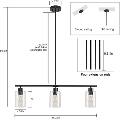 3 Lights Pendant Lighting for Kitchen Island,3 Tier Linear Pendant Chandeliers with 1 Base,Modern Farmhouse Island Light with Clear Glass,Adjustable (Black Island 3 Tier Stem Rod)