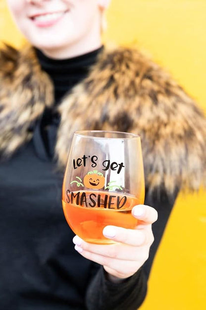 Pearhead Let's Get Smashed Stemless Wine Glass, Gradient Orange, Fall Holiday Home Decor Gifts, Halloween Stemless Wine Glass, 15 oz