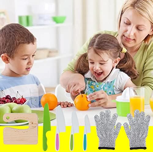 6pcs Kids Wooden and Plastic Knife Set, Kids Safe Knife with Wood Kids Knife Resistant Gloves Cooking Knives Serrated Edges Toddler Knife Kids Plastic Knife for Kitchen Children