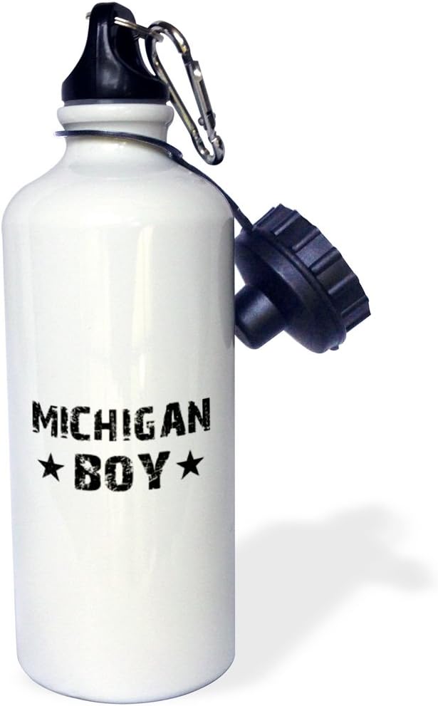 3dRose "Michigan Boy-home state pride-USA-United States of America-black and white text and stars" Sports Water Bottle, 21 oz, White