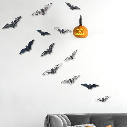 24Pcs Halloween Decorations Large Hollow Bats Wall Decor 3D Halloween Wall Decals PVC Scary Bat Stickers for Kitchen Bedroom Fireplace Bathroom Home Indoor Outdoor Halloween Party Decorations