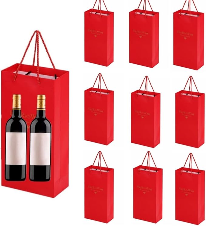 10Pcs Wine Gift Bags Paper Champagne Carrier Bag Double Wine Bottle Storage Holder Tote Bag with Handle for Christmas Birthday Wedding Anniversary Celebration Party Favors