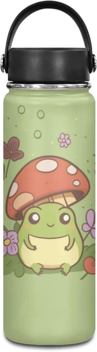 ZOUTAIRONG Mushroom Frog 18 Oz Water Bottles Insulated for Kids Stainless Steel Water Bottle Sport Gym Outdoor Metal Thermal Water Bottle Wide Mouth Bottle Vacuum Cup Green