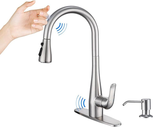 Touch on Kitchen Faucet with Soap Dispenser and Pull Down Sprayer - Single Handle Kitchen Sink Faucet, 1 or 3 Hole Design for Modern Farmhouse Kitchens, Rv, and Bar Sinks(Brushed Nickel)