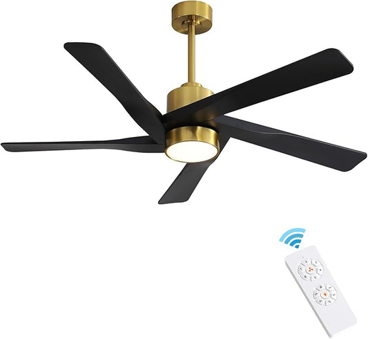 WINGBO 54" ABS DC Ceiling Fan with Lights, 5 Blade ABS Plastic Ceiling Fan with Remote, 6-Speed Reversible DC Motor, LED Ceiling Fan for Kitchen Bedroom Living Room, Brass and Matte Black