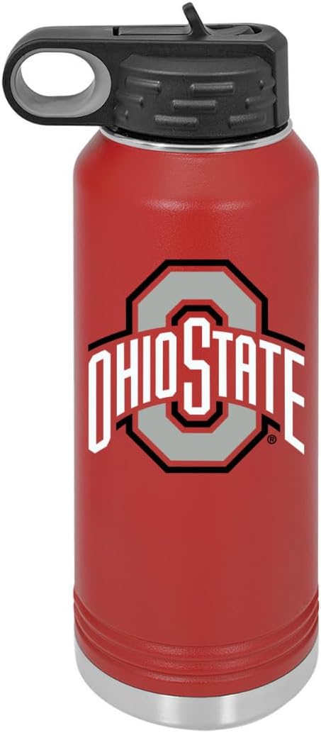 Ohio State University 32oz Stainless Steel Double Walled Red Beverage Bottle with Flip Straw Spout- College Gear for Playoff Season – For Office, Home or Auto – Show your Buckeye Pride