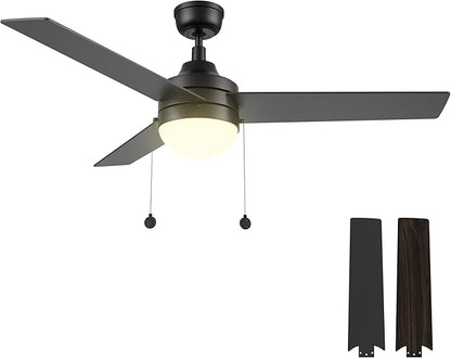 52 Inch Black Pull Chain Ceiling Fan with Reversible Blades, 3-color LED Light Adjustable, 5 Speeds Quiet Reversible DC Motor, 3 Plywood Blades Modern Ceiling Fan for Living Room, Bedroom, Kitchen