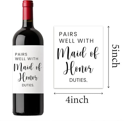 (8 Pcs) Maid of Honor Wine Labels, Bridesmaid Wedding Engagement Party Decorations Proposal Gift for Maid of Honor Bridesmaid, Pairs Well with Maid of Honor Duties Wine Bottle Stickers Labels