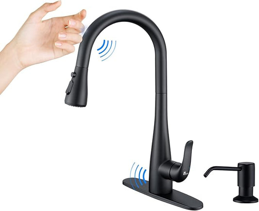 Touch on Kitchen Faucet with Soap Dispenser and Pull Down Sprayer - Single Handle Kitchen Sink Faucet, 1 or 3 Hole Design for Modern Farmhouse Kitchens, Rv, and Bar Sinks(Matte Black)