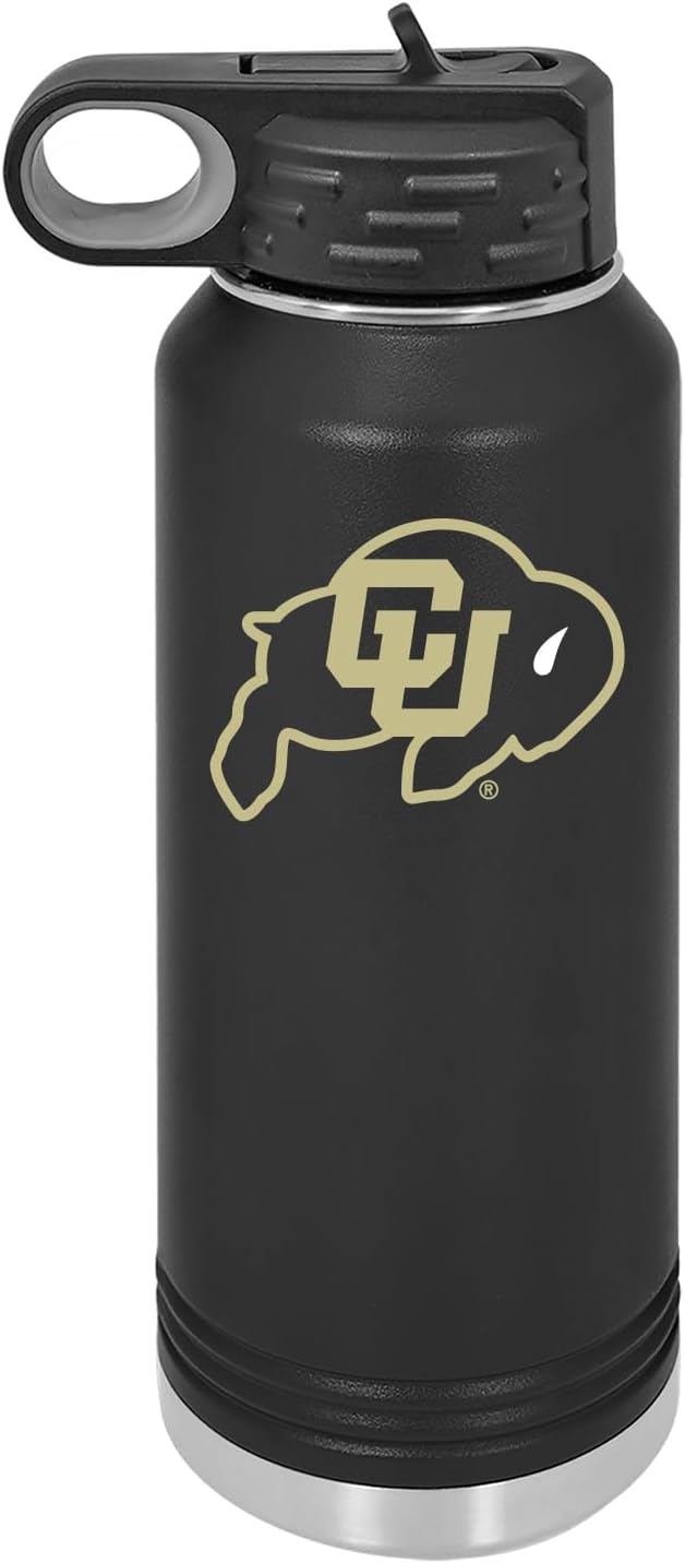 University of Colorado 32oz Stainless Steel Double Walled Black Beverage Bottle with Flip Straw Spout - College Gear for Playoff Season – For Office, Home or Auto – Show your Buff Nation Pride