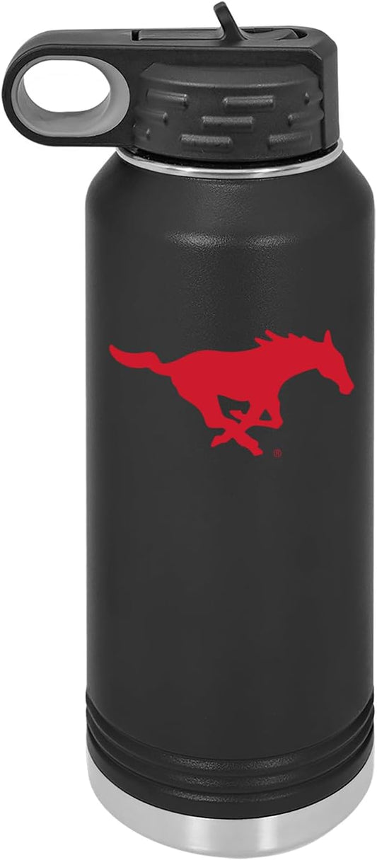 Southern Methodist University 32oz Stainless Steel Double Walled Black Beverage Bottle with Flip Straw Spout - College Gear for Playoff Season – For Office, Home or Auto – Show your Mustang Pride