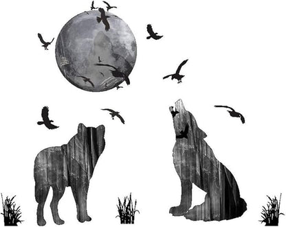 Wall Stickers Wolf and Moon Wall Decor Decal Art Animal Murals Removable PVC DIY Wall Decoration Paper Poster for Bedroom Kitchen Living Room Nursery Rooms Offices