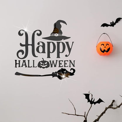 CREATCABIN Happy Halloween Pumpkin Acrylic Mirror Sticker Self-Adhesive Ghost 3D Wall Stickers Decal Removable for Indoor Outdoor Home Wall Window Party Decorations,Black