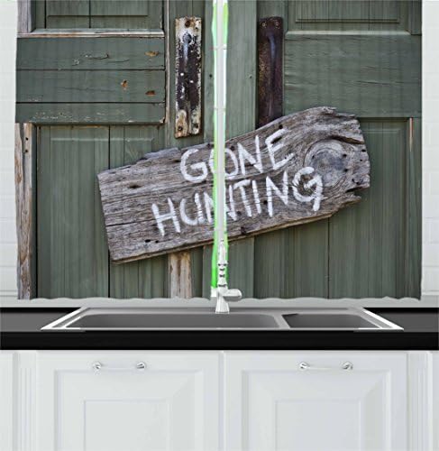 Ambesonne Hunting Kitchen Curtains, Gone Hunting Written on Wooden Board Old Worn Out Cottage Door Seasonal Hobby Fun, Window Drapes 2 Panel Set for Kitchen Cafe Decor, 55" x 39", Green Gray