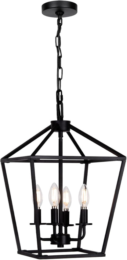 4 Light Chandelier, Industrial Ceiling Light Black Lantern Light Fixtures with Farmhouse Metal Cage Adjustable Height Rustic Geometric Hanging Light E12 Base for Kitchen Island, Entryway, Indoor