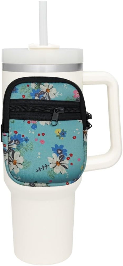 Zipper Water Bottle Pouch For 40 oz. Tumbler, Flower Design | Tumbler Pouch With Zipper Pocket, Adjustable Strap Fits Most 40oz Tumblers | Securely Holds Phone, Credit Cards, Keys, & More (2 Pack)