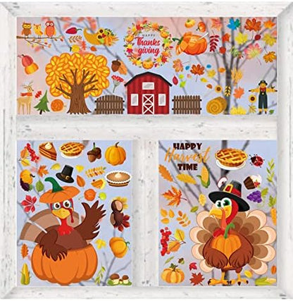 12 Sheets Thanksgiving Window Clings Turkey Maple Leave Window Stickers Fall Window clings for Home Window Decoration Autumn Window Decals for Home Office Classroom Party(Style C)