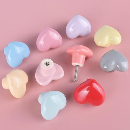 10x Colorful Cute Glossy Ceramic Knobs Love Heart Shape Lovely Door Pull Knob Cabinet Closet Ceramic Drawer Cupboard Kitchen Dresser Kids Child Girls Bedroom Pulls Wardrobe Handles