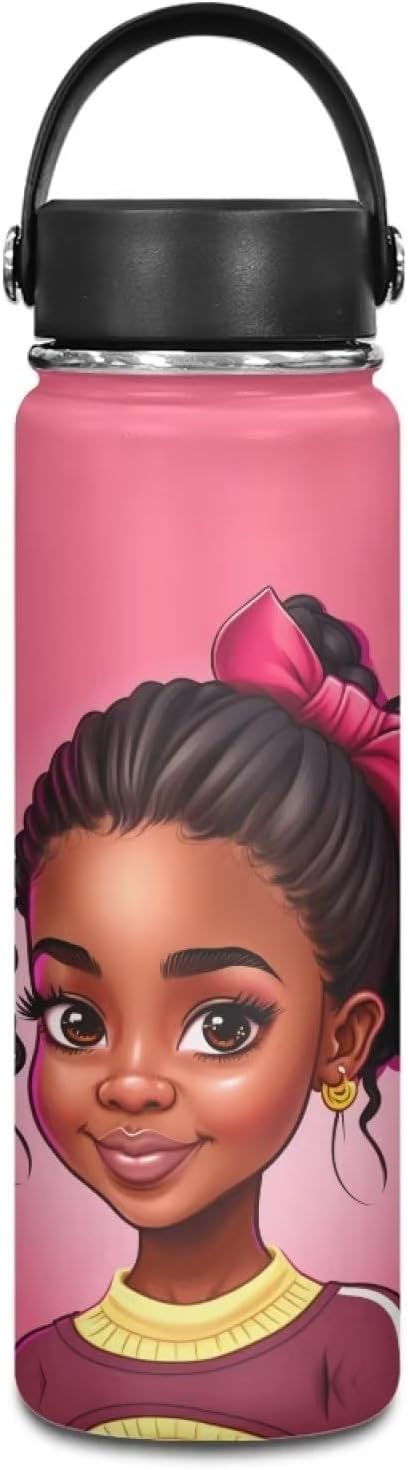 ZOUTAIRONG Black African Girl Insulated Water Bottle with Handle 20 oz Reusable Water Jug American Afro Girl Thermal Water Bottles Keeps Iced Water Cold for Hours African Sports Bottle Magic Pink