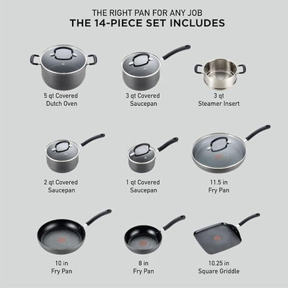 T-fal Ultimate Hard Anodized Nonstick Cookware Set 14 Piece, Oven Broiler Safe 400F, Lid Safe 350F, Kitchen Cooking Set w/ Fry Pans, Saucepans, Griddle, Dutch Oven, Pots & Pans, Dishwasher Safe, Black