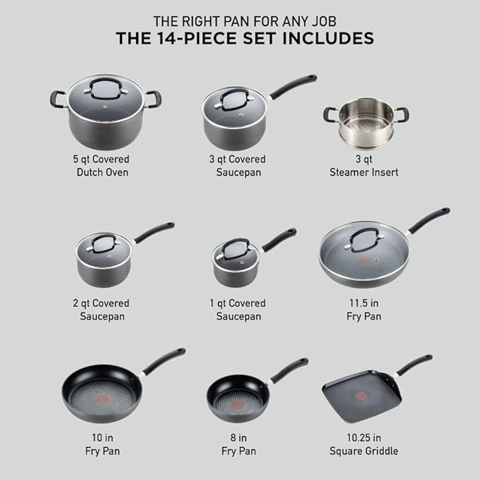 T-fal Ultimate Hard Anodized Nonstick Cookware Set 14 Piece, Oven Broiler Safe 400F, Lid Safe 350F, Kitchen Cooking Set w/ Fry Pans, Saucepans, Griddle, Dutch Oven, Pots & Pans, Dishwasher Safe, Black