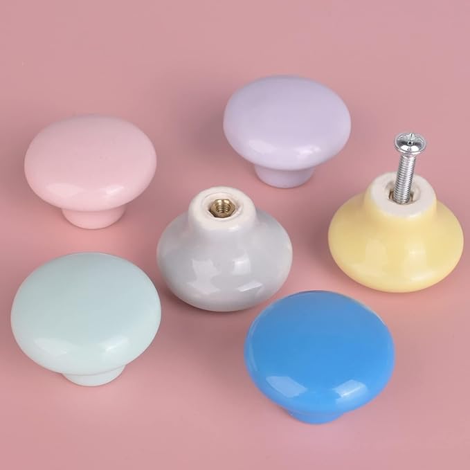 6X Colorful Cute Glossy Ceramic Knobs Round Mushroom Shape Lovely Door Pull Knob Cabinet Closet Ceramic Drawer Cupboard Kitchen Dresser Kids Child Bedroom Pulls Wardrobe