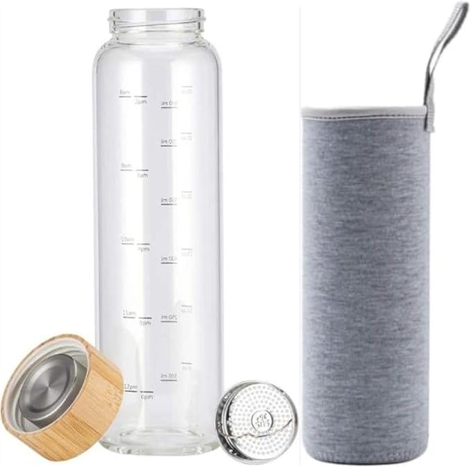 1Liter Borosilicate Glass Water Bottle with Bamboo Lid & Wide Mouth, Tea Infuser, Time Markers, and Motivational Design, Include Sleeve for Durability & Secure Grip., Nar02