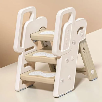 3 Step Stool for Kids Toddler Ladder for Sink, Bathroom and Kitchen Foldable Toddler Step Stool, Adjustable Height, Plastic Toddler Stool