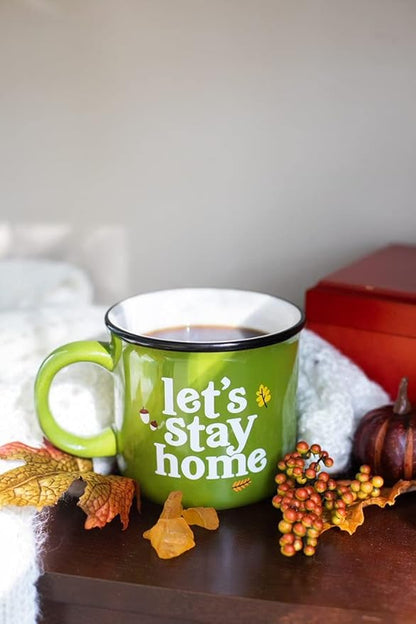 Pearhead Let's Stay Home Mug, Autumn Home Dećor Accessories, Fall Holiday Kitchen Decor, Coffee or Tea Cup, Green, 15oz