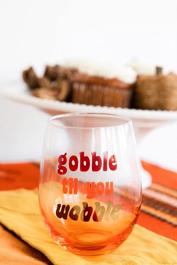 Pearhead Gobble Til You Wobble, Gradient Orange Thanksgiving, Seasonal Fall Home Dećor Accessory, Holiday Stemless Wine Glass, 15oz